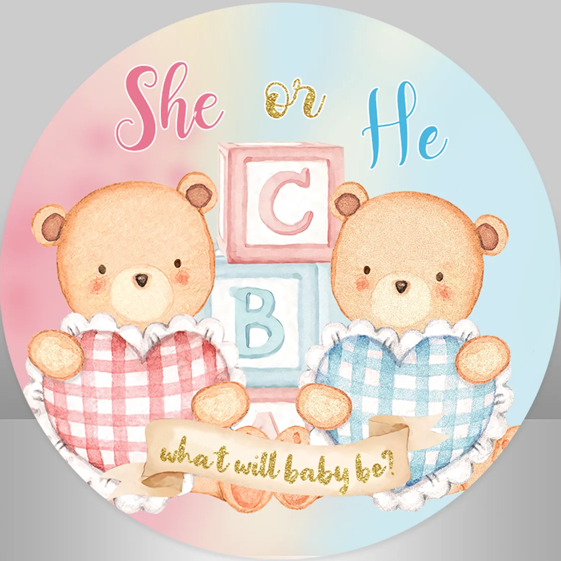 Gender Reveal Bear Round Backdrop Cover Alphabet She or He Baby Shower Background Photography Props Birthday Party Decoration
