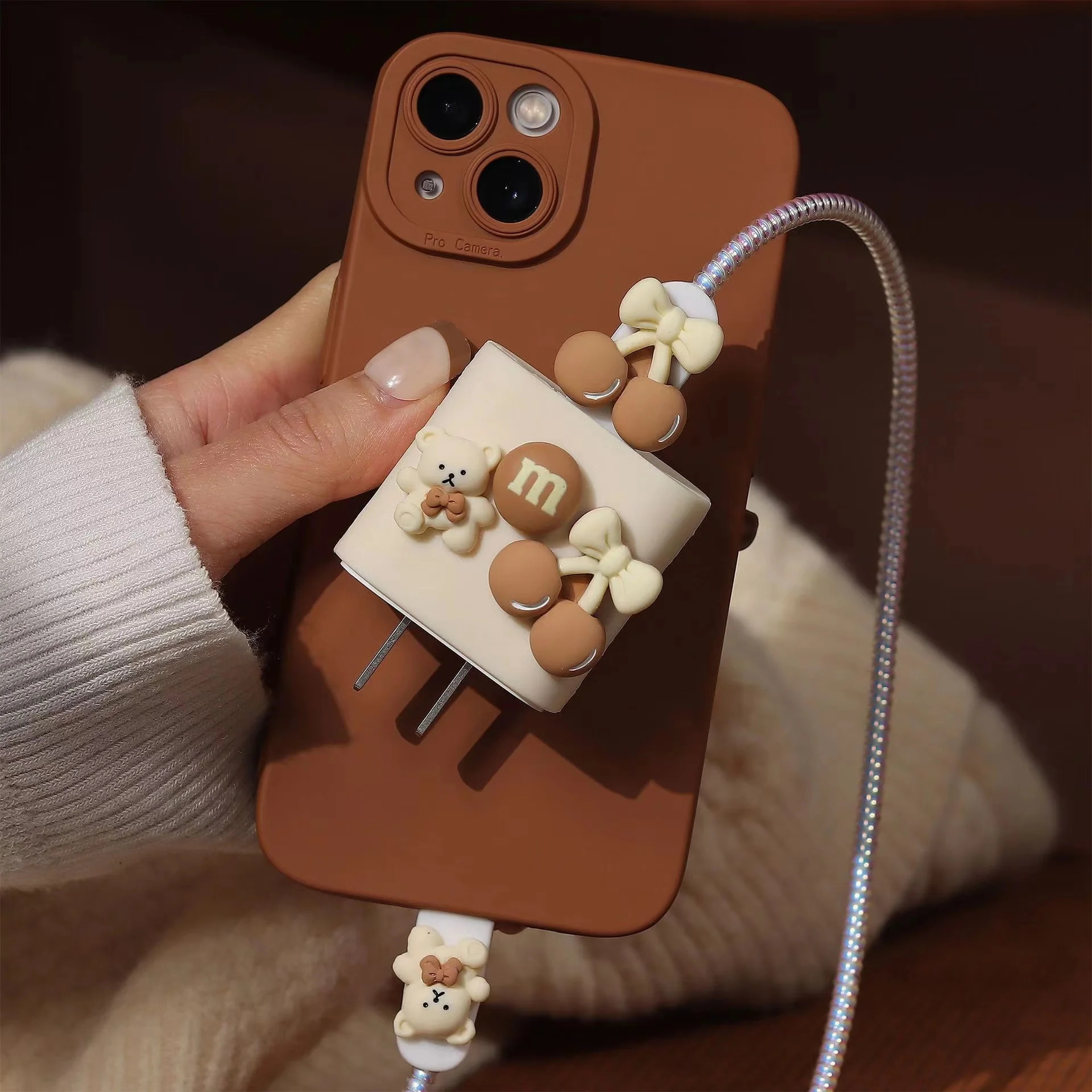 iPhone13 14Pro Max Cute Cartoon 3D Little Bear Girl IPAD PD20W Charger USB Protection Case 18W Charger Data Cable Wrapping Case