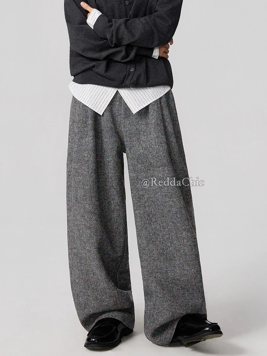 REDDACHiC Men's Tweed Dress Pants Loose Cleanfit Pockets Pleats Plain Wide Leg Trousers Office Work Fall Winter Everyday Wear