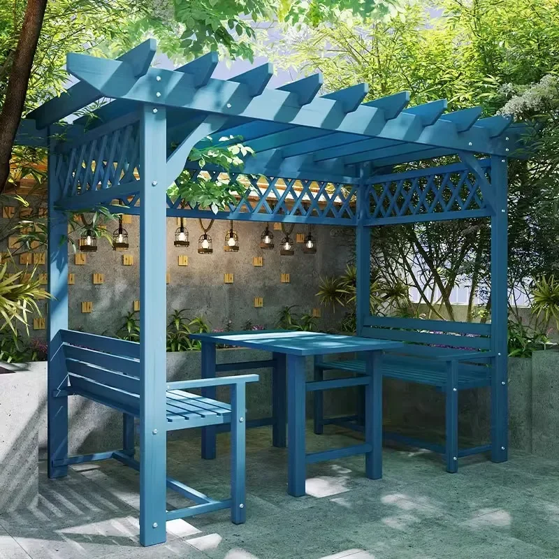 For Outdoor Gazebo Simple Small Wooden Grape Rack Preservative Wood Pavilion Garden Gallery Table and Chairs Solid Wood