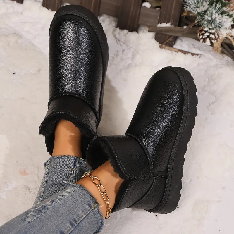 Winter Women\'s Snow Boots New Fleece-lined Thickened Short Waterproof Non-slip Flat Bottom Thick Bottom Warm Couple Cotton Shoes