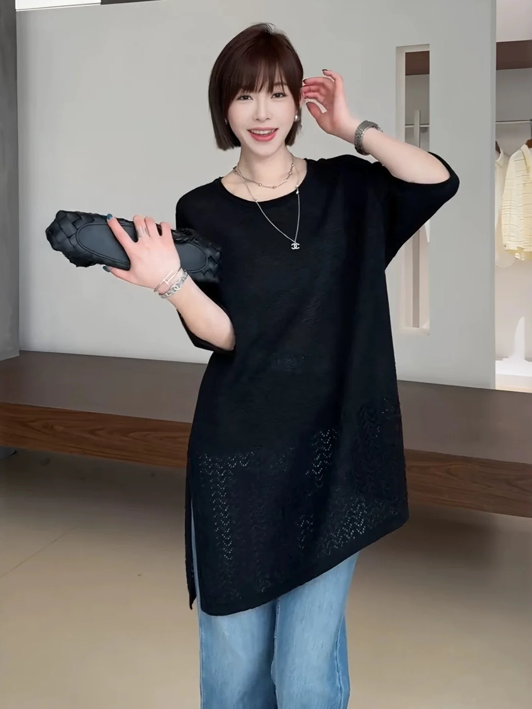 plus Size Knitwear Short Sleeve round Neck Hollow out Loose Fit Butt Covering Top Casual Style Mid-Length Casual Wear