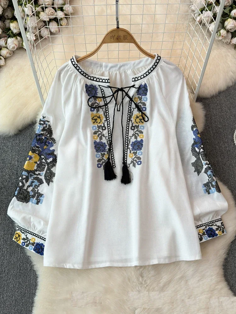 2024 Spring Retro Embroidered Shirt Top Female Lace Up Tassel Loose Lantern Sleeves Ethnic Style Blouse Female A70