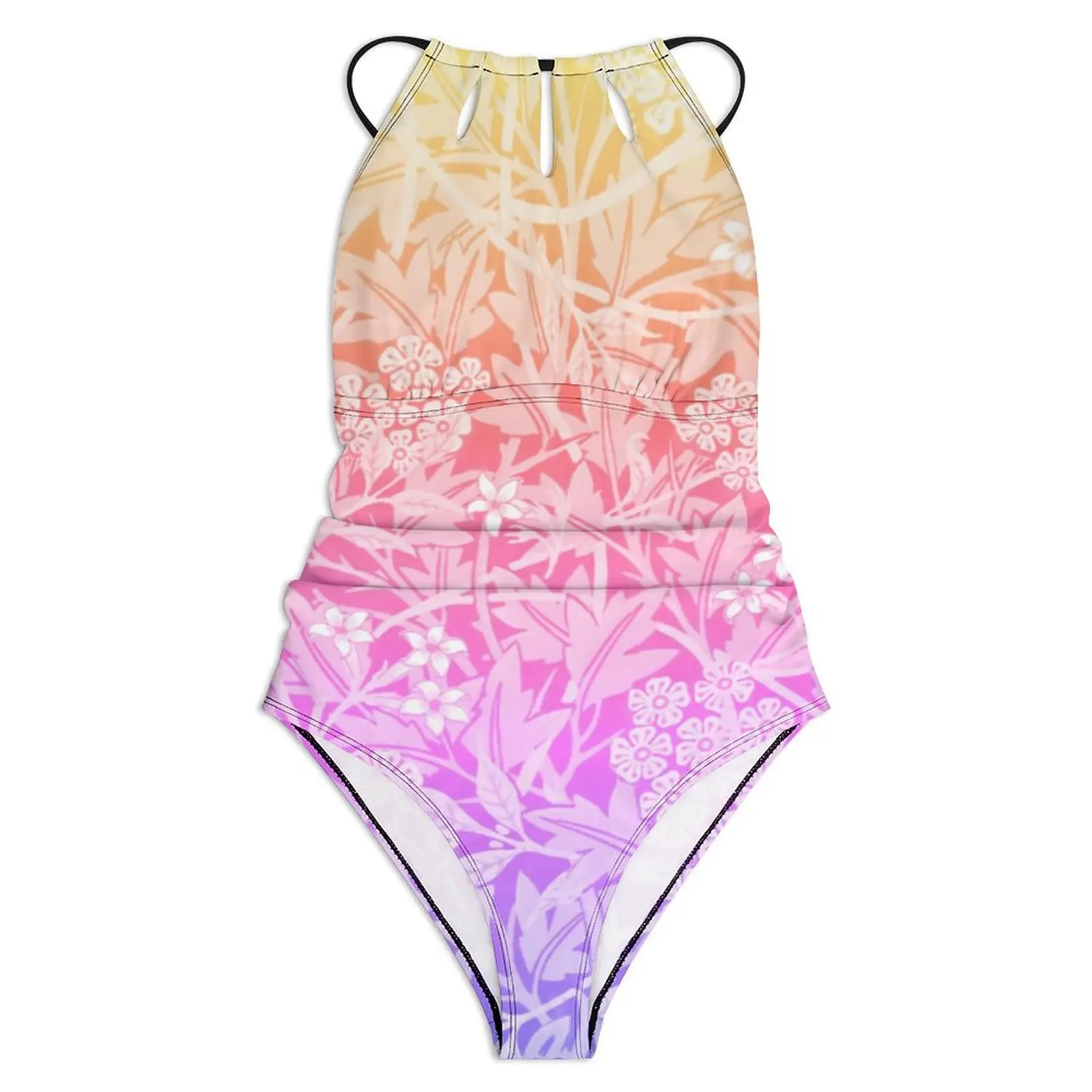 Rainbow Ombre Swimsuit Sexy Retro Floral Print Women Swimwear One Piece Sweet Bodysuit Fitness Push Up Sleeveless Monokini