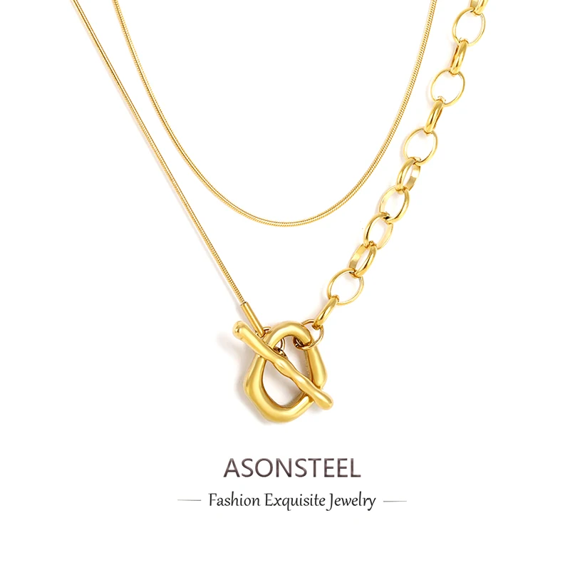 ASONSTEEL Stainless Steel Double Layered Overlay Necklace Gold Color Waterproof Fashion Sweater Round Snake Chains Jewelry Gifts