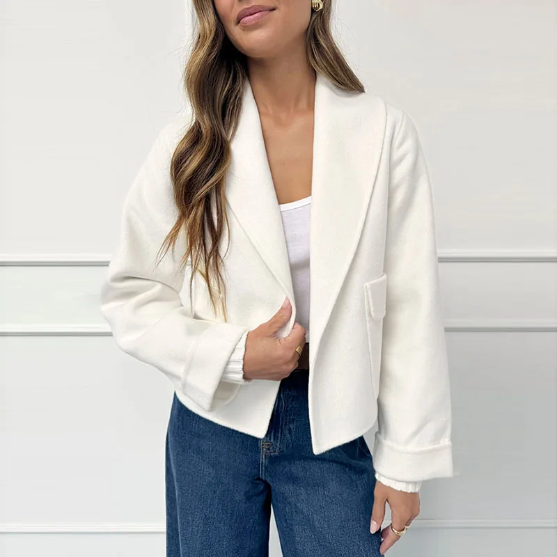 أزياء بسيطة الصلبة معطف الصوف الناعم امرأة التلبيب الياقة المفتوحة غرزة سترة أعلى الخريف الشتاء طويلة الأكمام جيب سترة ملابس خارجية