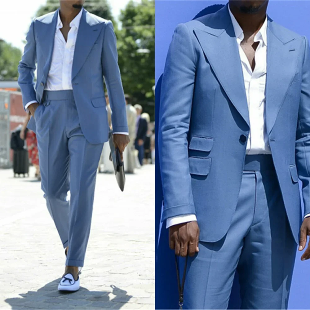 

2024 Fashion Casual Blue Men Suit High Street Slim Fit Jacket Vest Pants For Men High Quality Custom 3 Piece Set Costume Homme