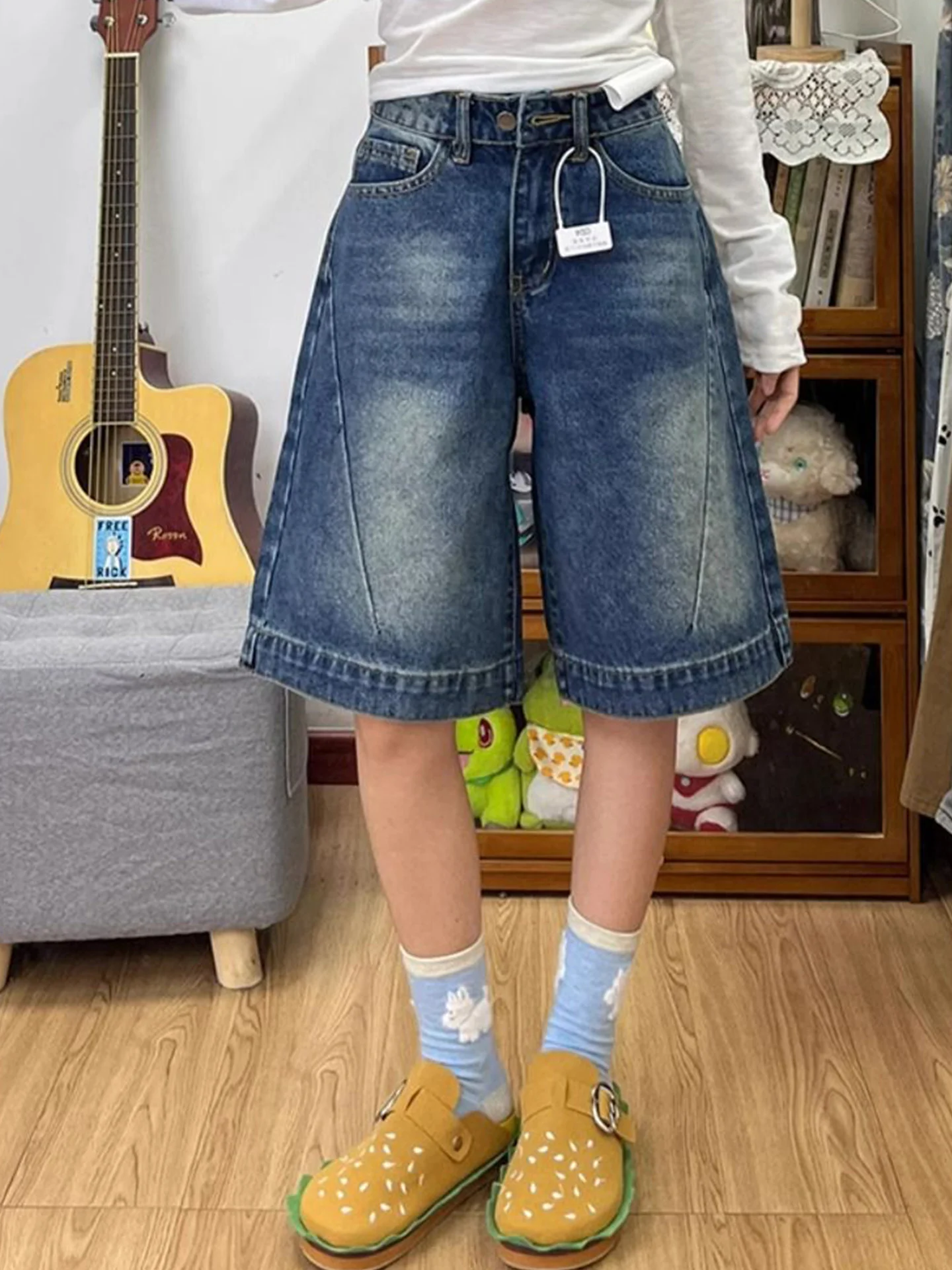 

Retro Blue Wide Leg Five-Point Denim Shorts Women's Design Sensation Versatile High Waist Loose Slim Straight Tube Mid-Pants