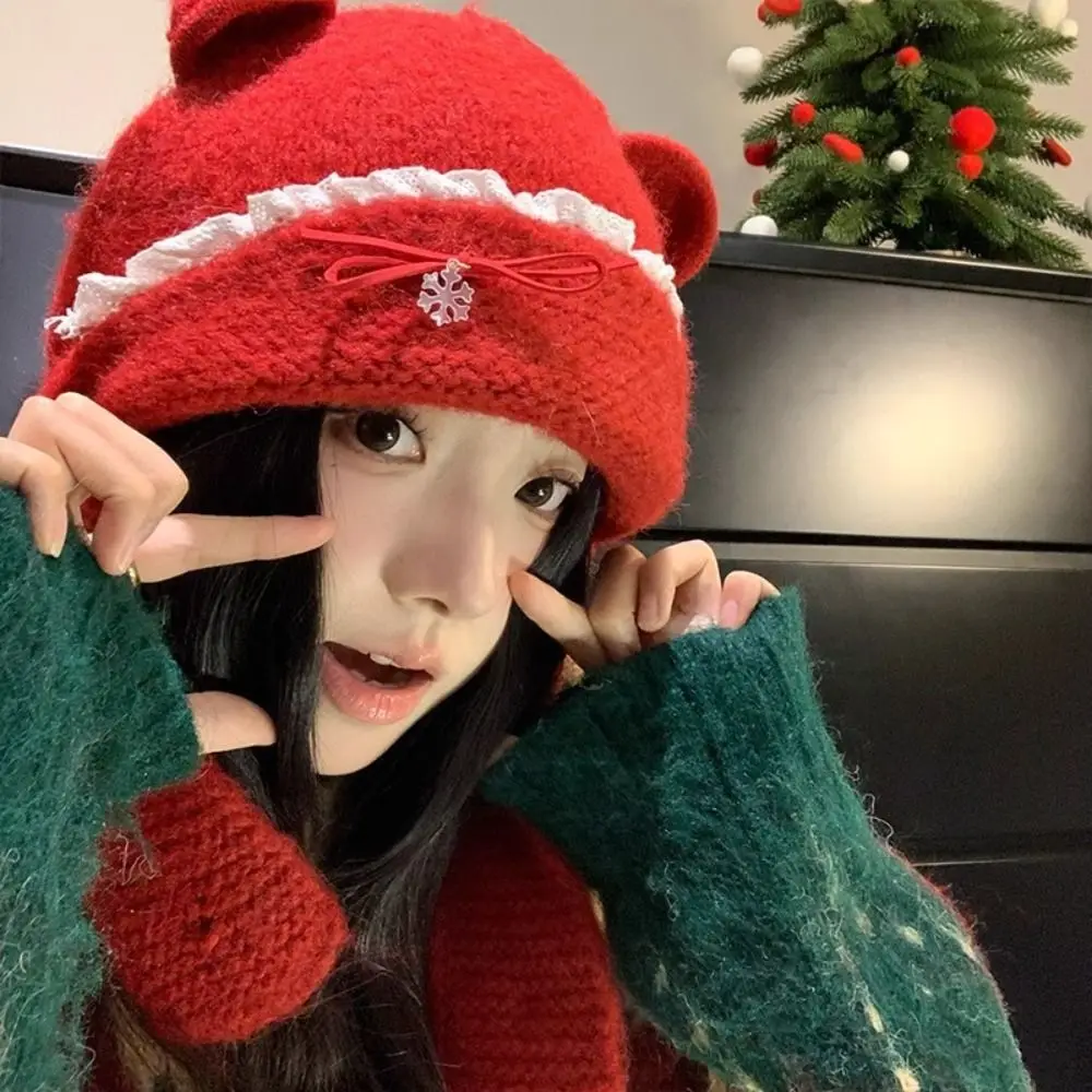 

Cute Sweet Bear Ear Knitted Hat Woolen Keep Warm Neck Collar Beanies Cap Neck Protector Polyester Pullover Cap Female