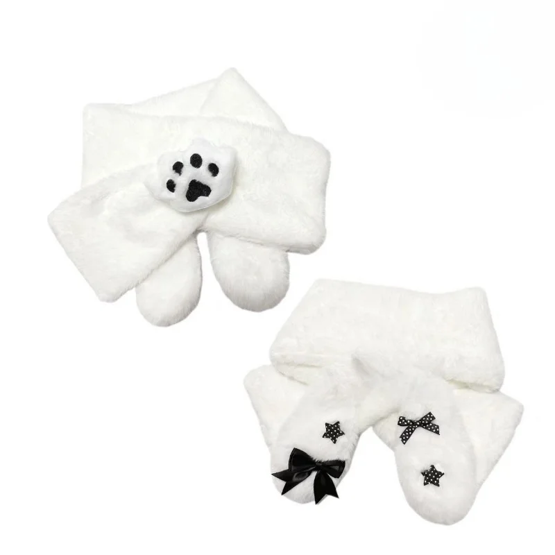 2026 Winter Decorative Furry Scarf for Women Y2k Aesthetic Sweet Polka Dot Bow Scarves Harajuku Keep Warm Grunge Neckerchief