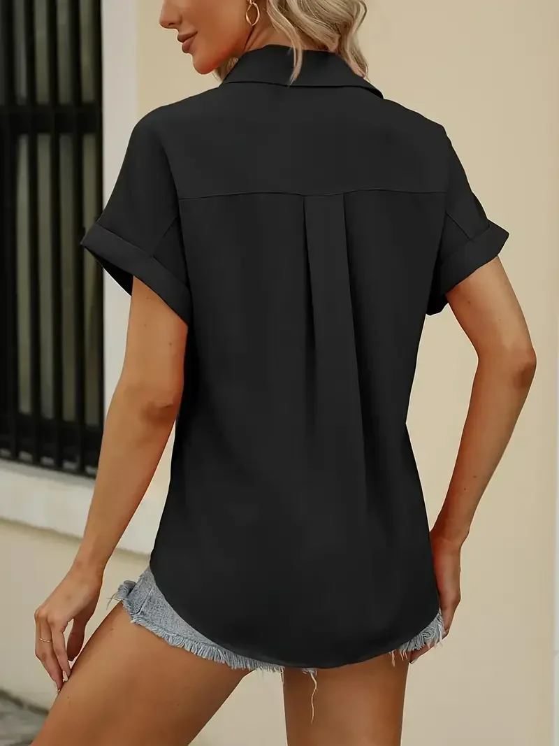 Spring/Summer Plus Size 1XL-5XL Women's Casual Solid Color Button-Up Short Slee… - Image 4