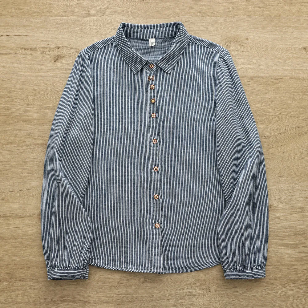 Japanese Style Cotton Yarn Striped Women's Long Sleeve Top Mori Girl Vintage Cartoon Buttons Stripes Blouses Ladies Tops