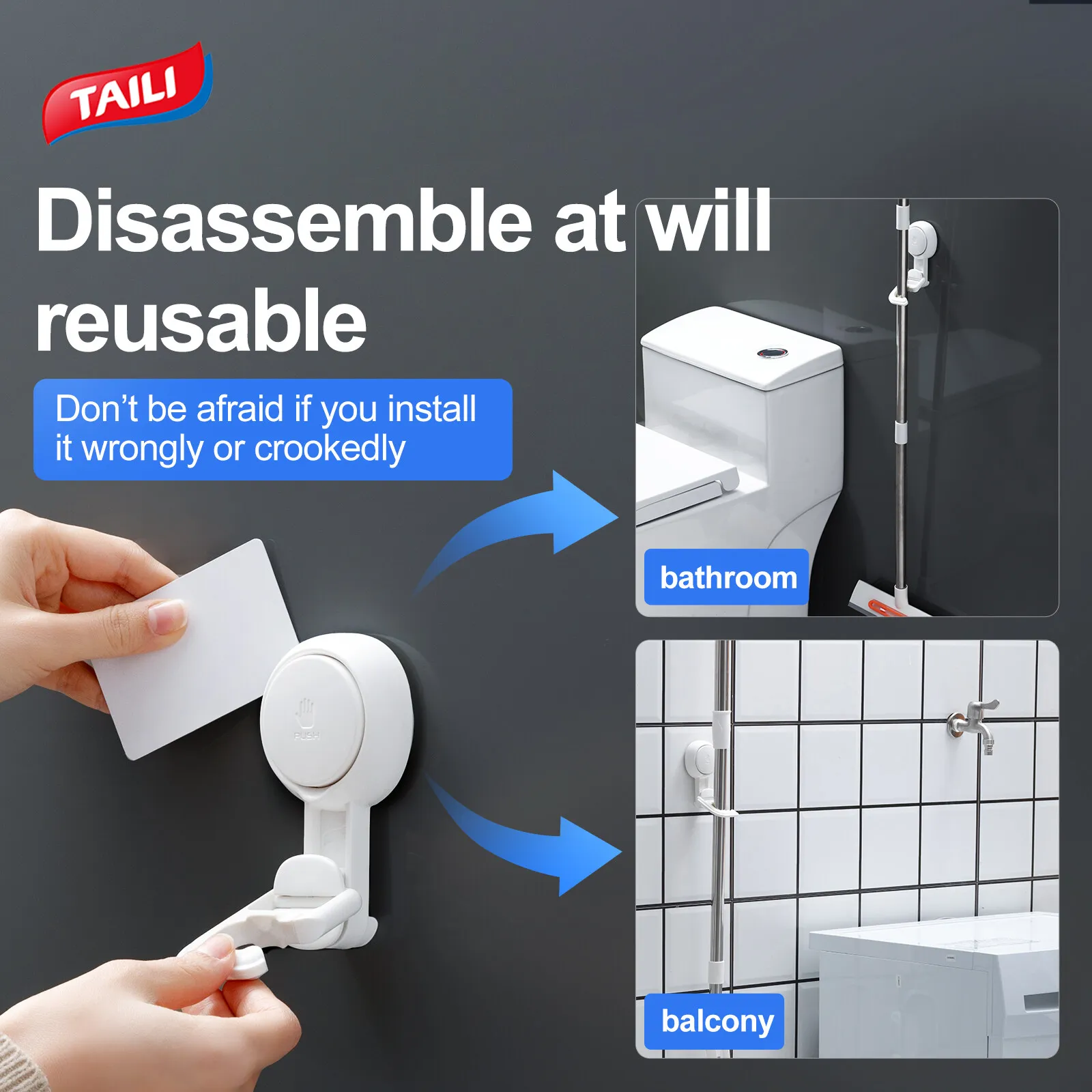 TAILI 2pcs Mop Holder Broom Holder Hanger Clip Wall Mop Rack Bathroom Holder Floor Heavy Duty Mop Holder Wall Bathroom No Drill