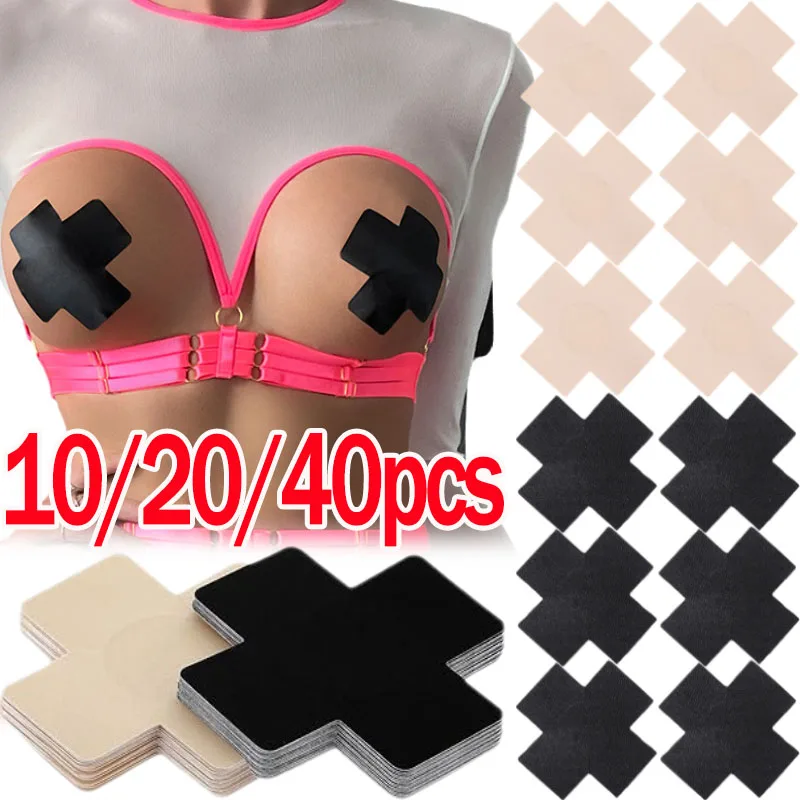 10/40 buah stiker puting Satin sekali pakai berperekat bentuk silang wanita hitam penutup puting payudara untuk pakaian tanpa tali
