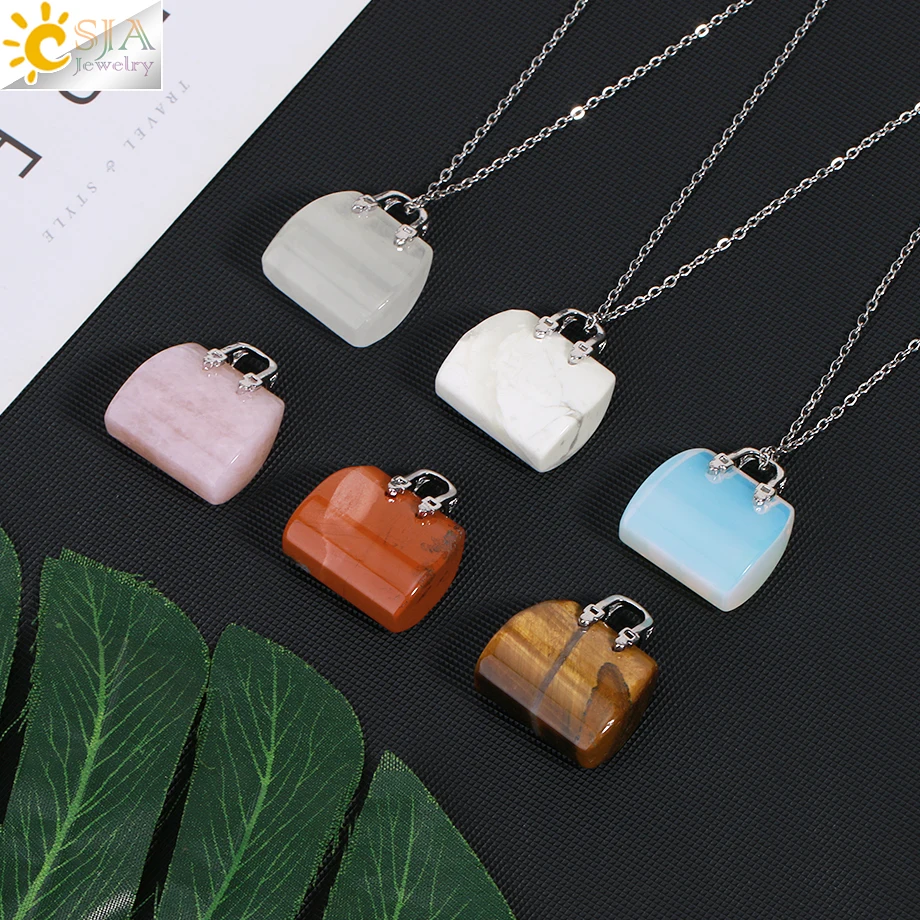 CSJA Natural Gem Stone Handbag Pendant Necklace for Women Healing Amethysts Pink Crystal Pendants Jewelry Home Decor Gift H171