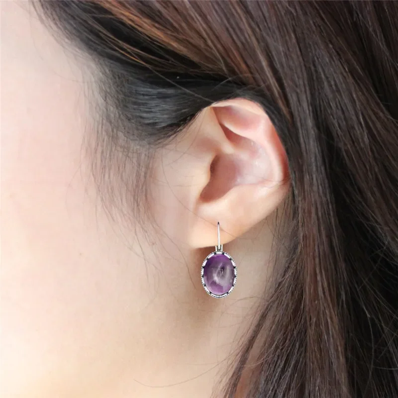 Oval Amethysts Earrings For Women Tibetan Silver Natural Stone Rose Quartz Lapis Lazuli Tiger Eye Fashion Earring