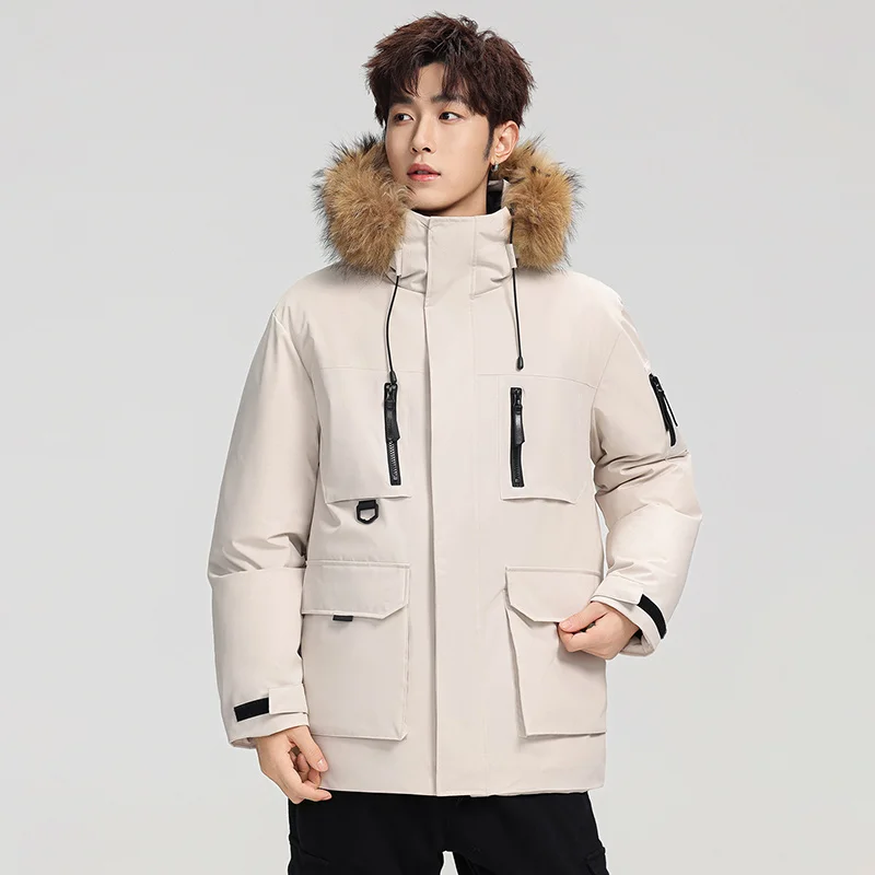 Męska i damska zimowa ciepła kurtka puchowa z kapturem i futrzanym kołnierzem, styl górski outdoorowy, pogrubiona sportowa parka codzienna.