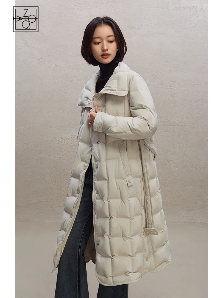 ZIQIAO Commuter Style High-end Long Light Down Jacket for Women 2023 Winter New Waist Warm White Duck Down Coats Female