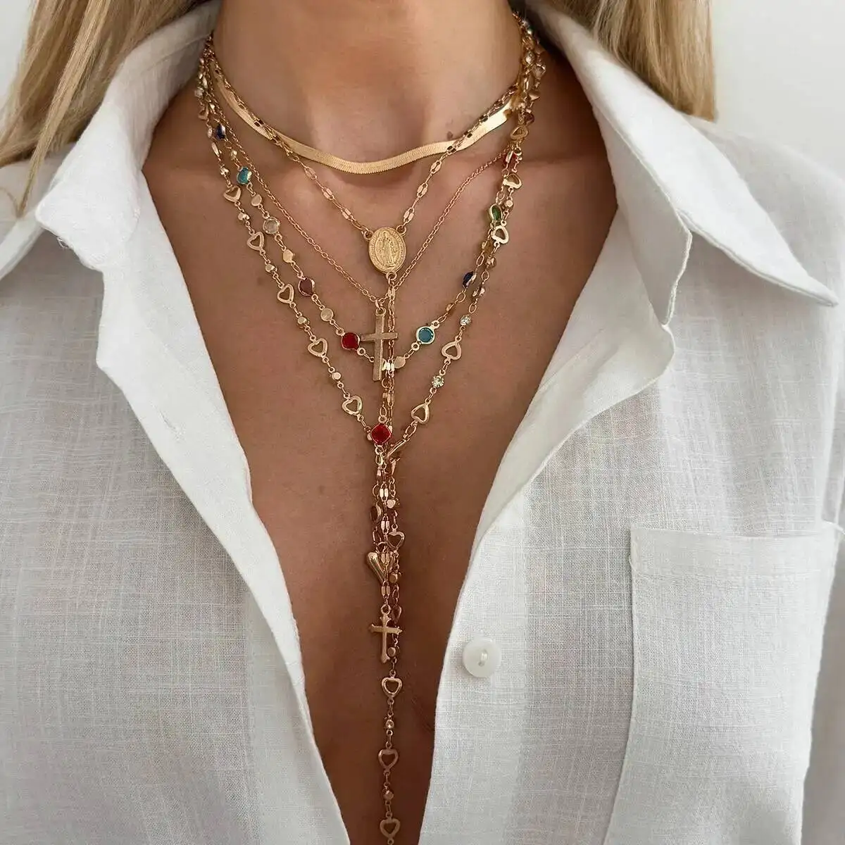 SHIXIN 5Pcs/Set Fashion Y-Shaped Colorful Crystal Clavicle Chain Women Boho Exquisite Gold Color Cross Pendant Necklace Jewelry
