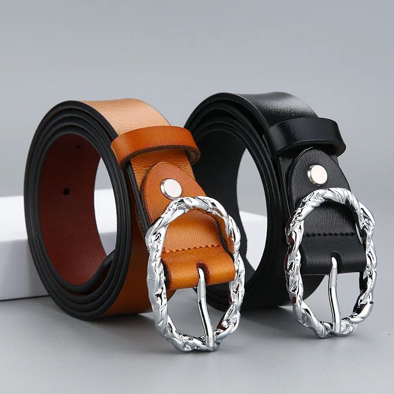 New Women's Belt Versatile Pin Button Vintage Fried Dough Twists Button Head Pure Cowhide Jeans Student Belt