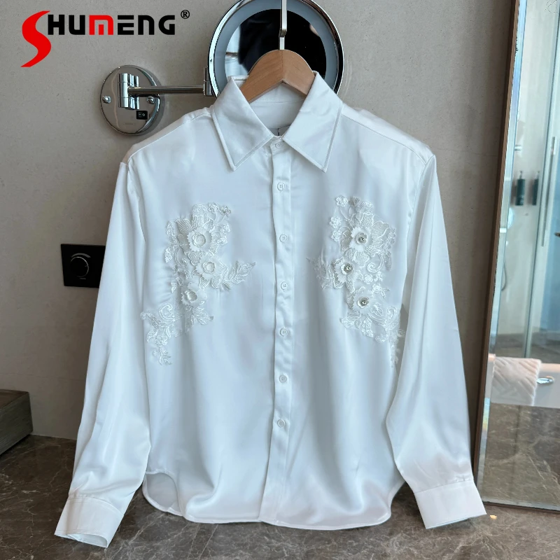 

Men's 2025 Original Light Luxury Tops Padded Shoulder Long Sleeve Shirts Men's Satin Three-Dimensional Flower Embroidery Shirts