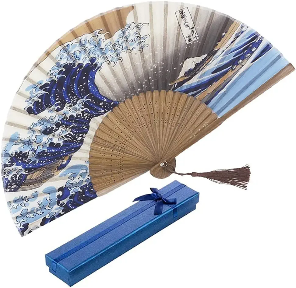 Janese Kanagawa Vinatge Hand Fan Vintage Dance Fan Folding Fan Party Wedding Favor Gift for Guests Fabric Fan