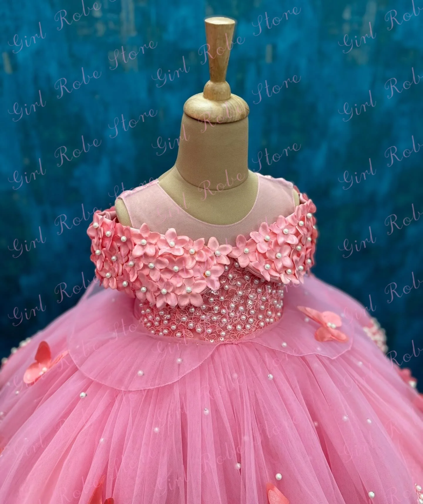 Gorgeous Pink Baby Birthday Dress 3D Floral Appliques Butterflies Pearls Floor Length Infant Pageant Ball Gown Flower Girl Dress