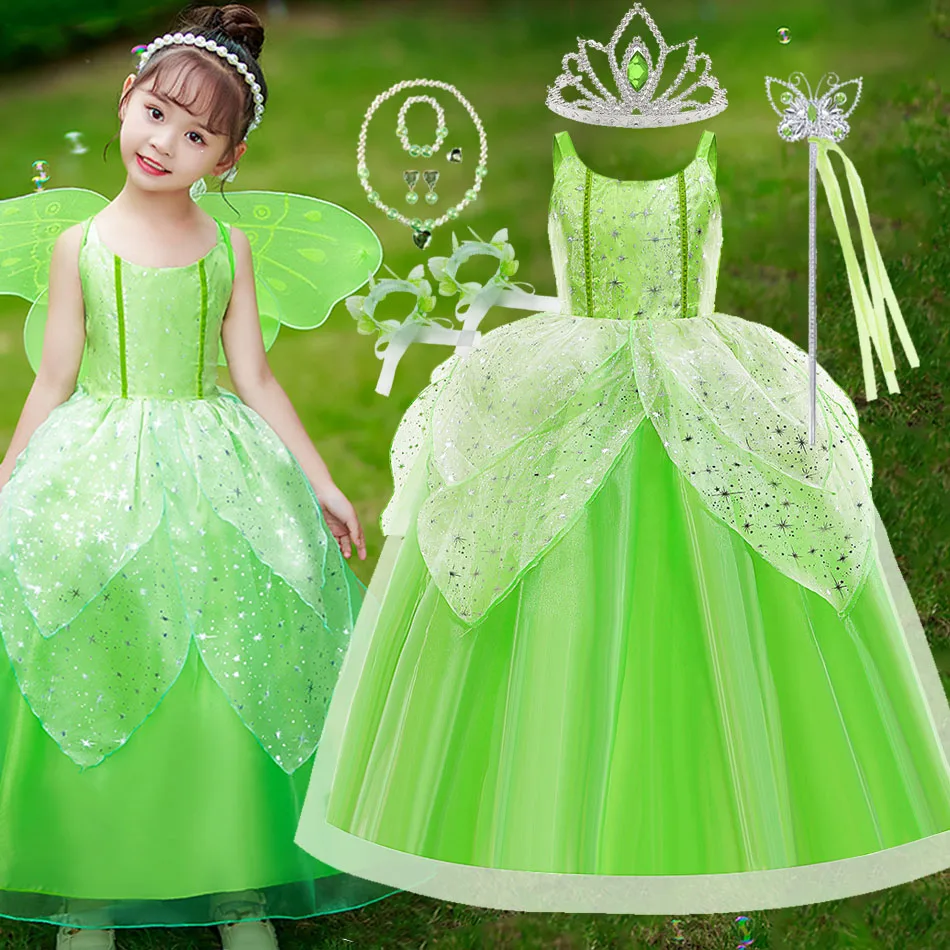 

Girl Tinkerbell Fairy Dress Forest Elf Princess Costume Luxury Party Clothes Carnival Disguise Outfits 2-10 Yrs Kid Elegant Gown