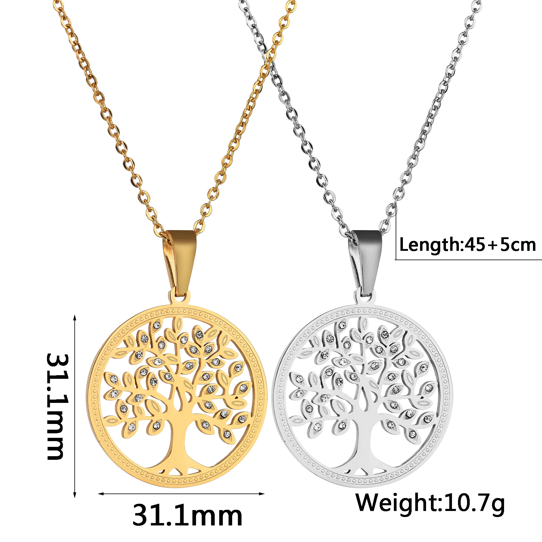 Raexrage Vintage Rhinestone Tree Of Life Necklaces Stainless Steel Detachable Round Pendant For Women Men Birthday Jewelry Gift