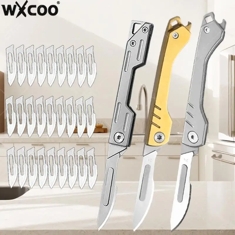 Stainless Steel Folding Knife Keychain Mini Utility Knife With 9 Replaceable Blades Fruit Cutter Kitchen Tools Stainless Steel