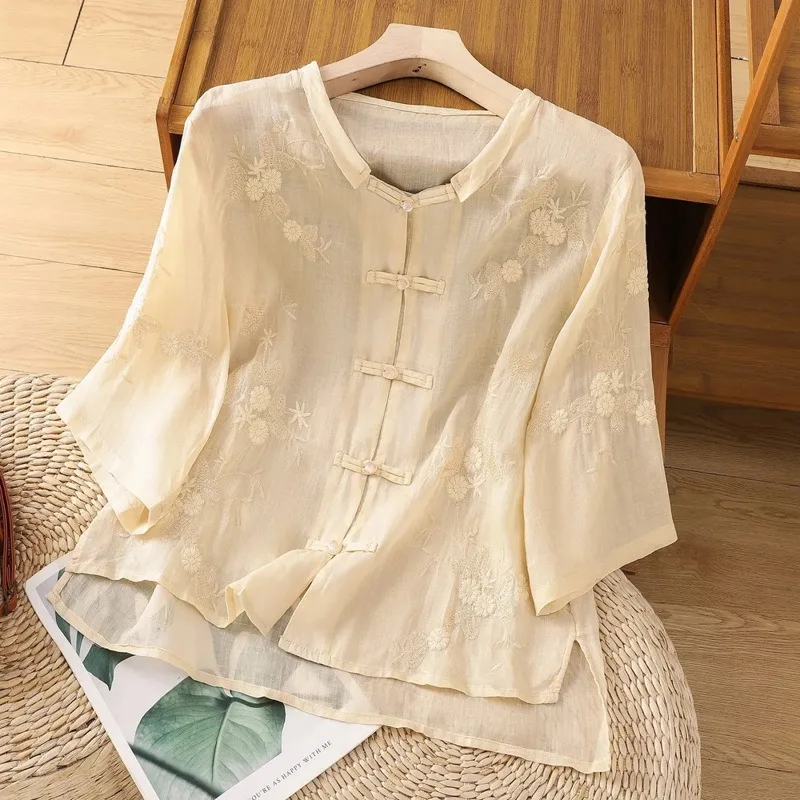 

Women's Linen Chinese Style Mandarin Collar Blouse with Floral Embroidery ShirtYY252