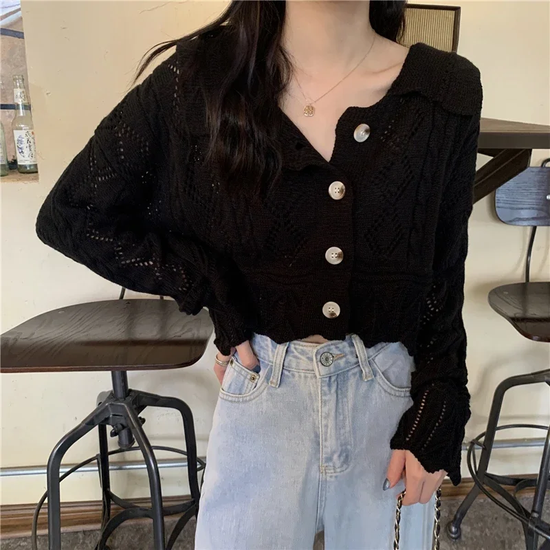

Spring Autumn Korean Fashion Cute Lapel Hollowed Out Cropped Cardigan Women Ladies Elegant Kawaii Sweater Female Cheap Wholesale