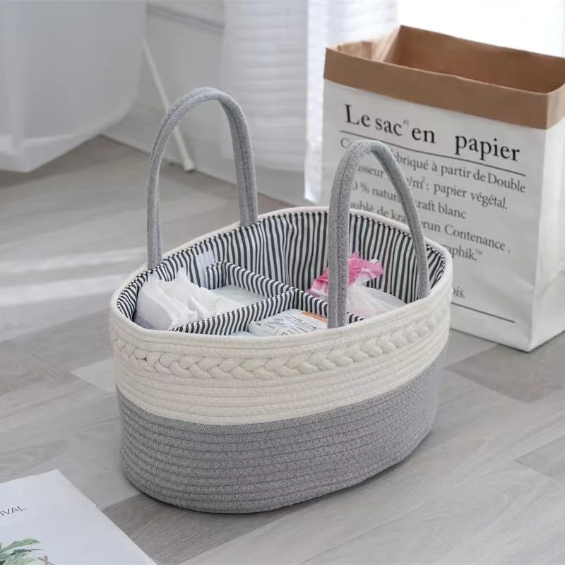 Diaper Caddy Portable Woven Baby Organizer Basket Handle Nursery Dividers Dresser Organizer Cotton Rope Stuff Holder