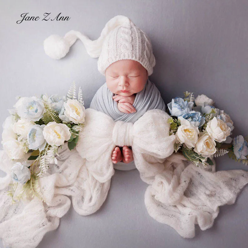 

Newborn photography props outfit rabbit ear hat white blue knit long tail hat pom infant costume for baby photo session