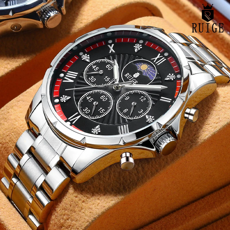 

RUIGE четыреглазые шестиигольные светящиеся часы из нержавеющей стали с цепочкой, кварцевые часы, модный тренд, подарок для отдыха, мужские национальные часы