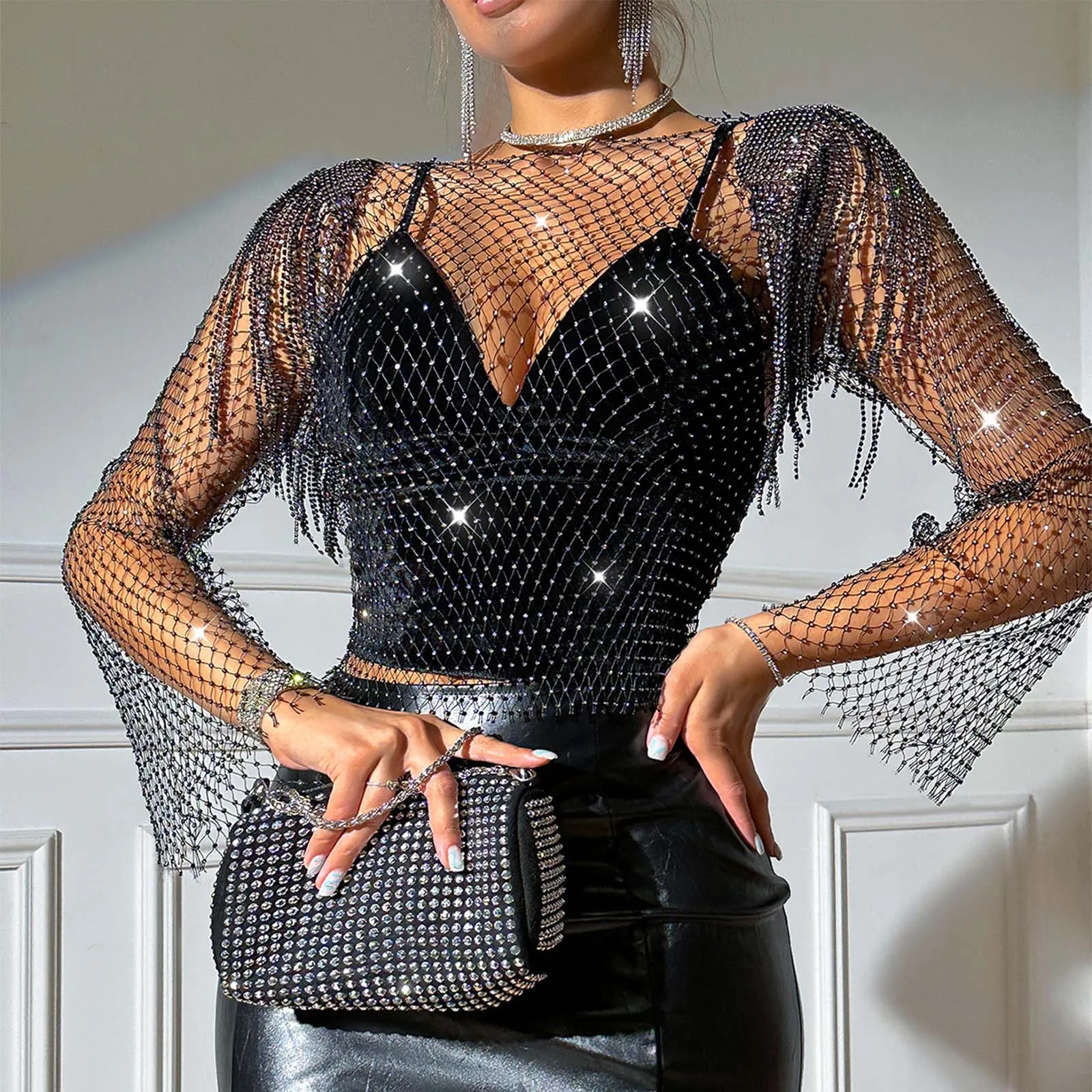 Sexy Fishing Net Rhinestone Tops For Women Hot Nightclub Party Long Sleeve Lady Tops Sparkle Sheer See Through Overall Tops