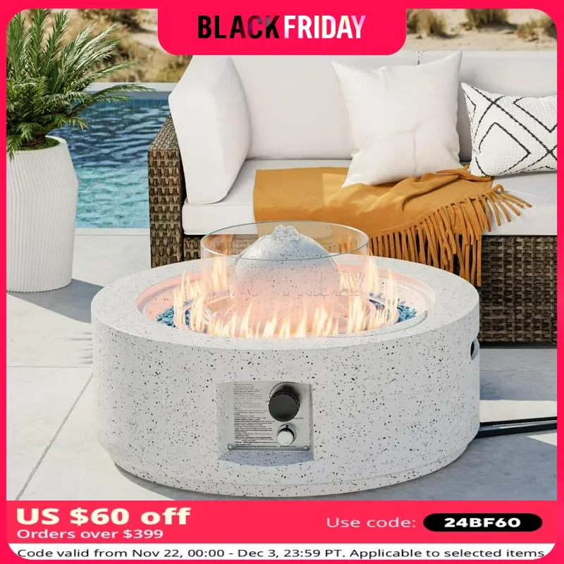 Outdoor Propane Fountain Fire Pit Table, 29.3-inch 50,000 BTU Firepit Round Terrazzo White Patio Heater, Stainless Steel Burner