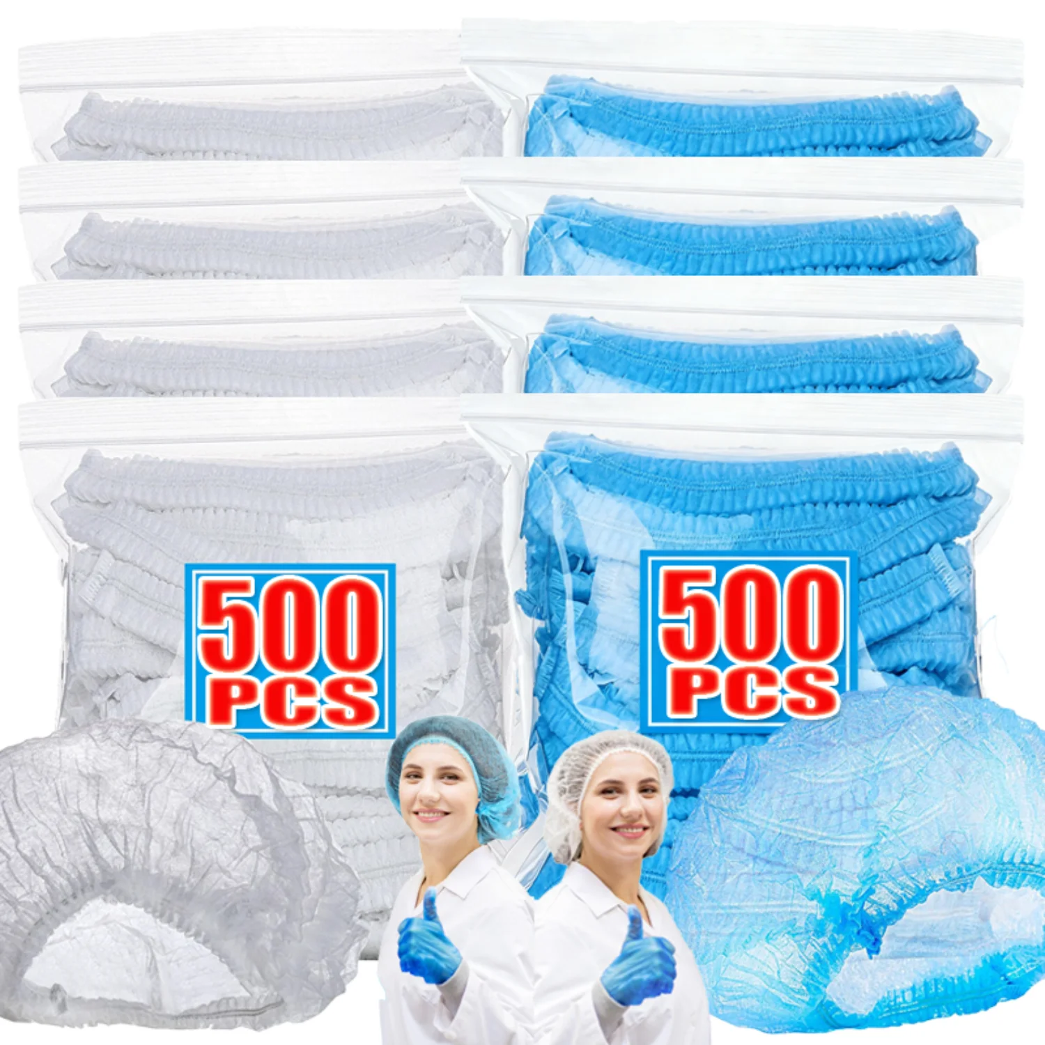 50-500Pcs Disposable Sterile Bouffant Caps Work Cap Stretch Net Head Cover Non Woven Fabric Hat for Cooking Cleaning Protection