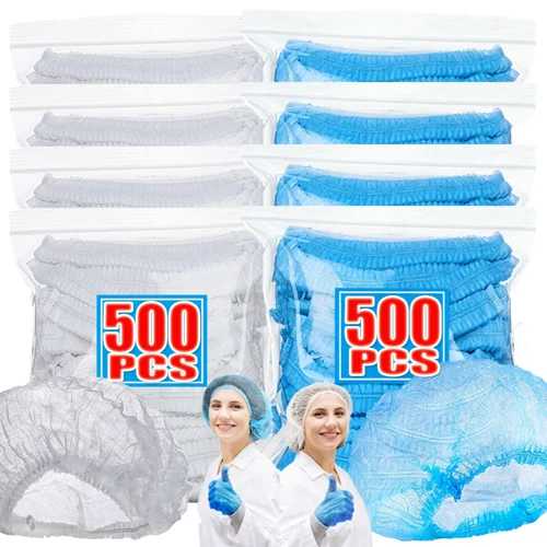 Gorros Bouffant estériles desechables, gorro de trabajo, cubierta de cabeza de red elástica, sombrero de tela no tejida para protección de limpieza de cocina, 50-500 Uds.