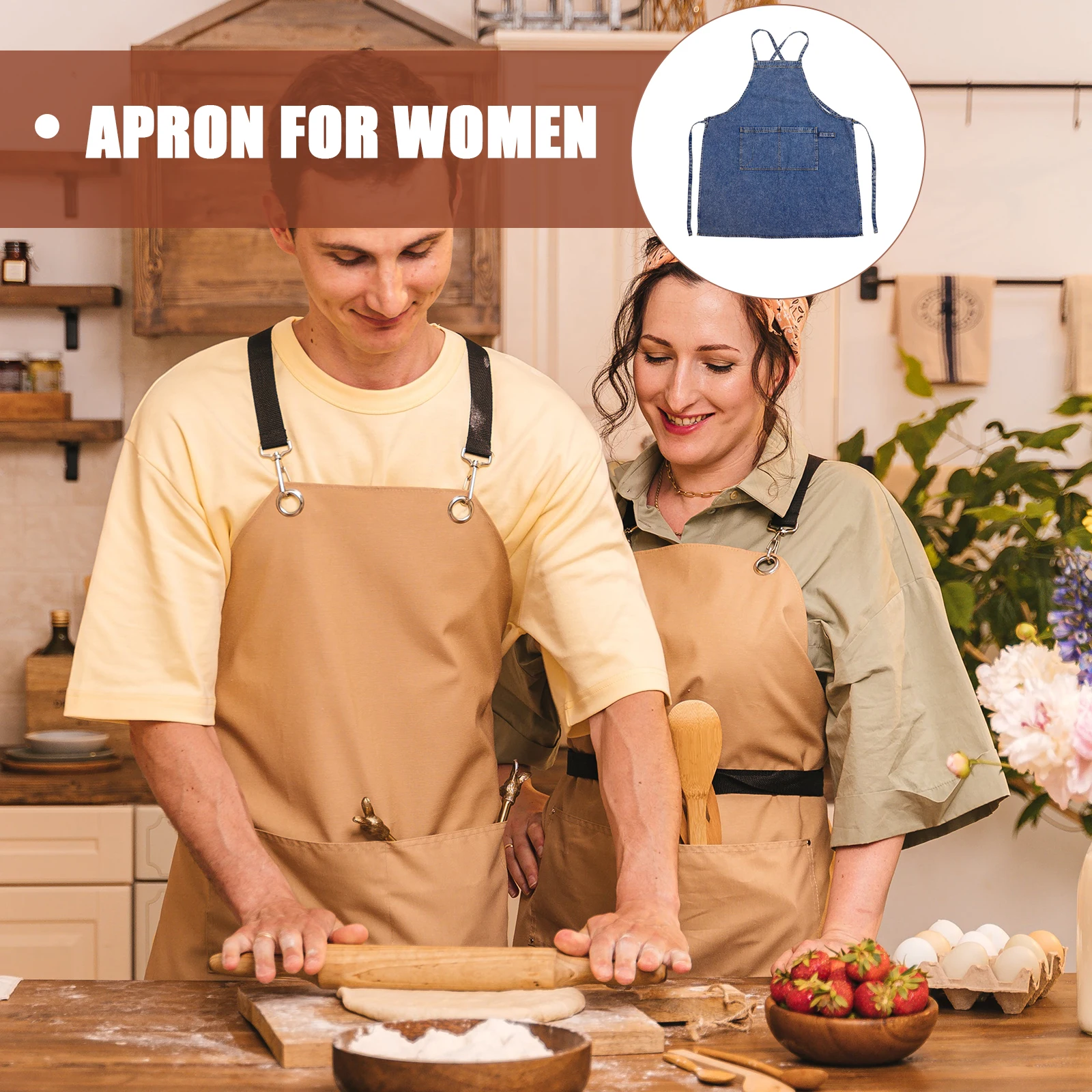 

Women Kitchen Baking Cooking Apron With Pocket Denim Material Household Apron For Chef Restaurant Cross Back Reusable Washable