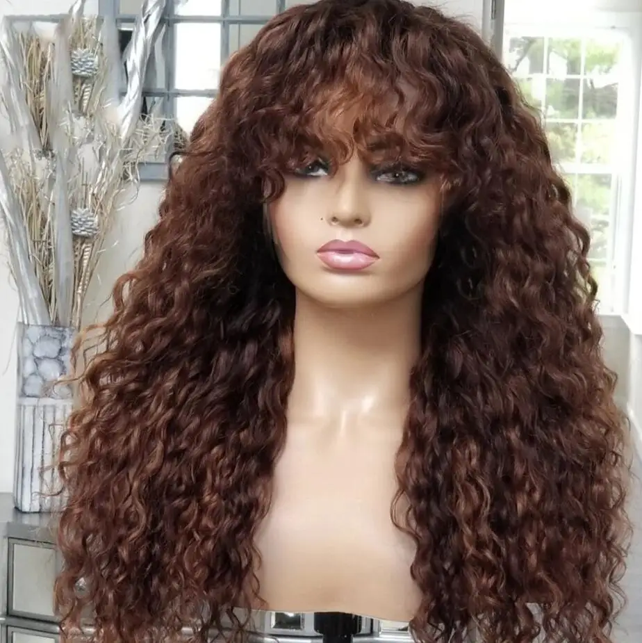 26 Long Machine Natural Brown Kinky Curly 180Density With Bangs For Women Babyhair Preplucked Heat Resistant Glueless Daily Wig