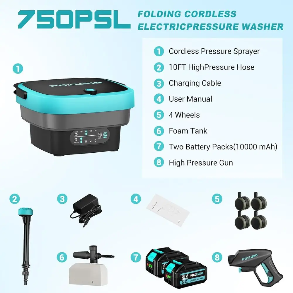 750PSI ポータブル高圧洗浄機 コードレス、4.5ガロンタンク、4段階調整可能圧力 電動高圧洗浄機 2x5.0Ahバッテリー＆クイック付き