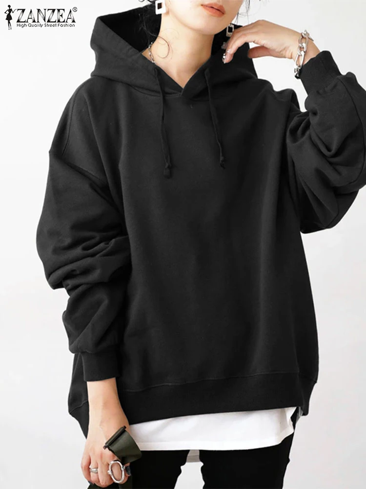 Zanzea moda outono sweatshirts elegante oversize com capuz pulôver topo solto hoodies feminino casual sólido preto camisola streetwear