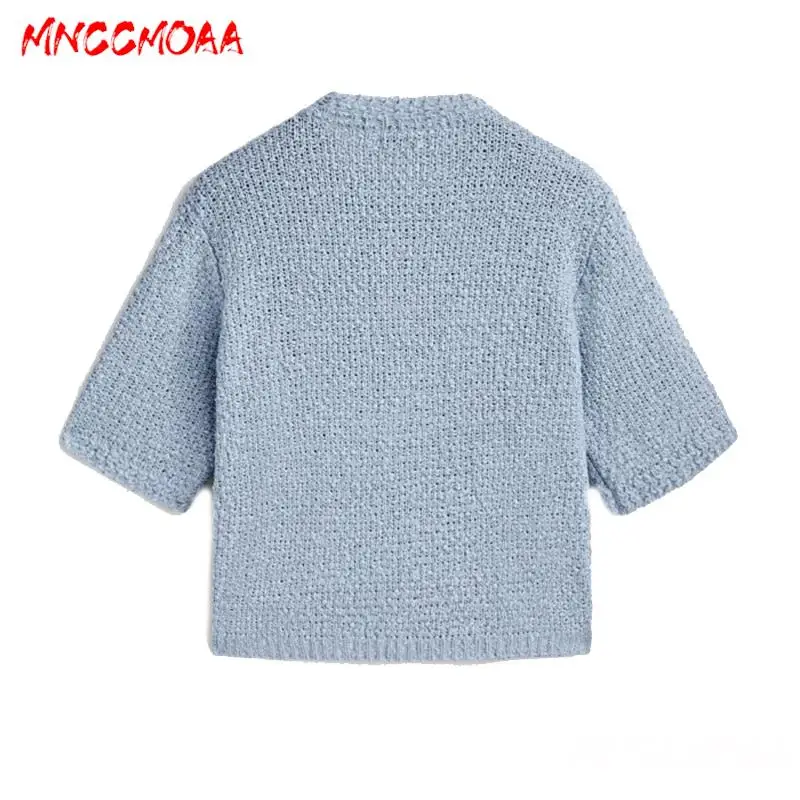 MNCCMOAA-Women\'s Single-Breasted Short Sleeve Knit Sweater, Cardigan, Casual Round Neck Top, Female Fashion, Autumn, 2024