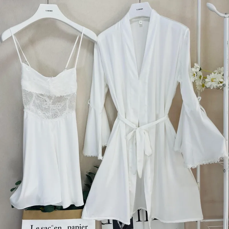 Summer Lady 2PCS Robe Set Bride Sleepwear Sexy Lace Hollow Out Bathrobe Nightgown Women Satin Home Dressing Gown Loungewear