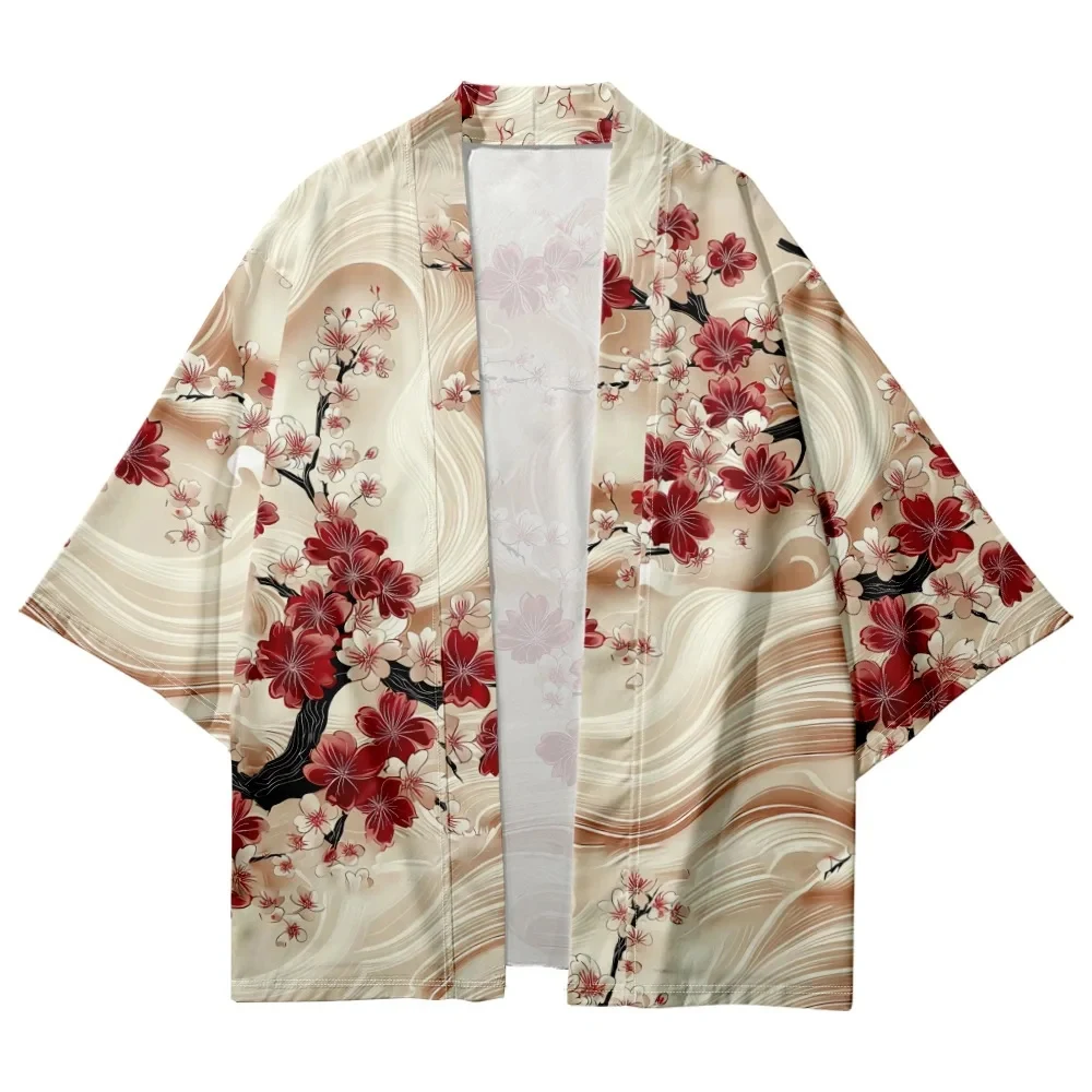 Japanese Sakura Flower Print Traditional Kimono Streetwear Women Men Cardigan Yukata Shirts Cosplay Haori