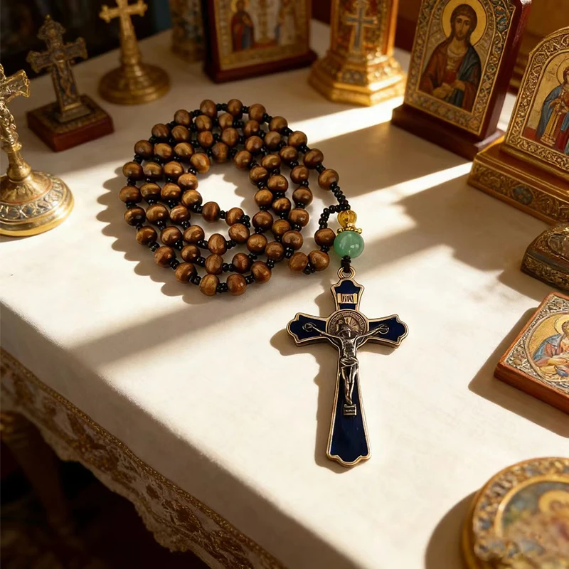 New Catholic Rosary Beads Brown Wooden Chotki With Blue Enamel St Benedict Crucifix And Green Jade