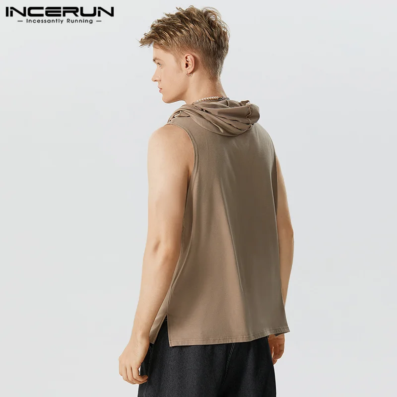 INCERUN Tops 2023 Handsome Men's Stylish Solid Hooded Waistcoat Casual Streetwear Loose Sleeveless Pile Collar Tank Tops S-5XL