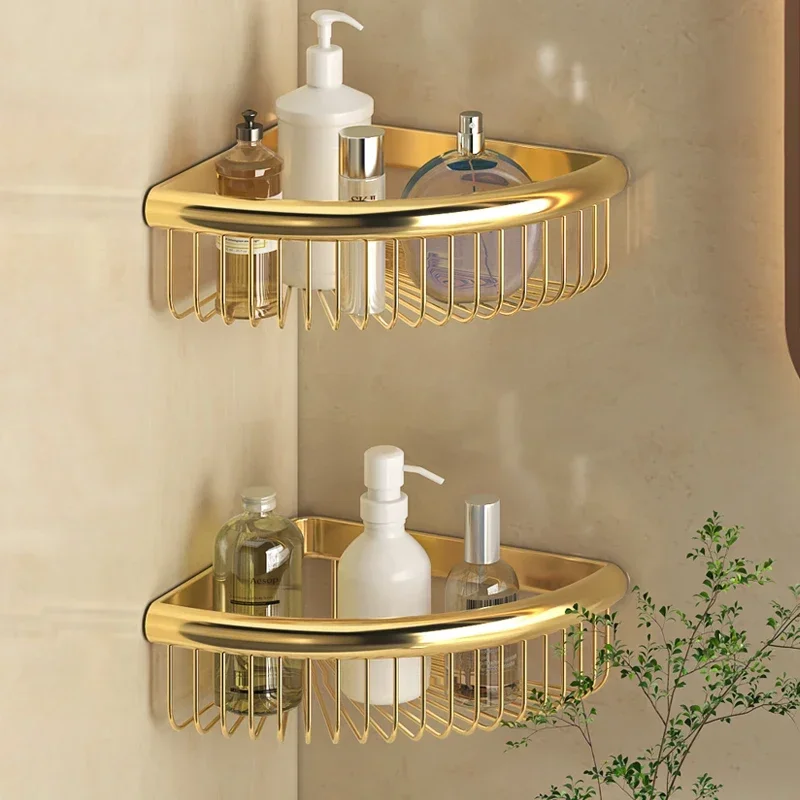 Copper gold bathroom shower room wall corner basket non perforated bathroom rack triangular storage rack for bathroom  shelves