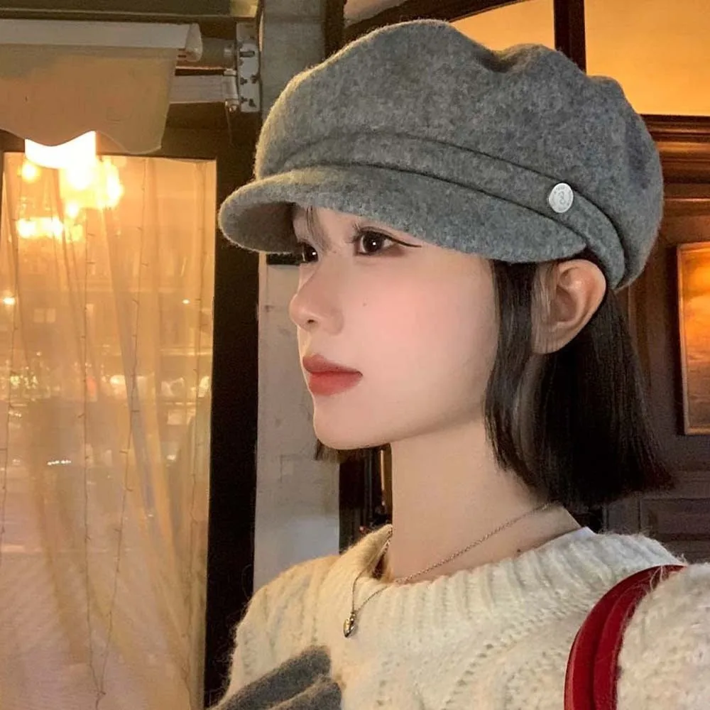 

Simple Solid Color Wool Beret Cap British Style Dome Octagonal Brimless Hat Knitted Versatile Female Painter Cap Spring